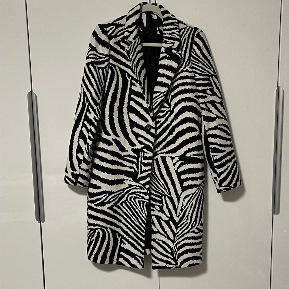 MAISON CINQCENT Zebra Pattern Wool Blend Coat Lapel Pockets Lined, Size M